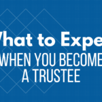 Blue graphic with white icons representing accessibility (wheelchair, hearing, vision, and daily living activities). Text reads 'What to Expect When You Become a Trustee"