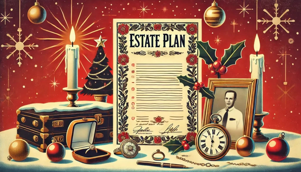 A vintage Christmas card-style illustration featuring an estate plan document surrounded by festive and sentimental items. The document is framed with holly and red floral decorations, with the words "Estate Plan" prominently displayed at the top. Surrounding the document are a pocket watch, a ring in a jewelry box, a framed photo of a man in an old-fashioned suit, holly leaves, candles, and Christmas ornaments. A glowing Christmas tree and a red starburst background evoke a nostalgic holiday atmosphere.