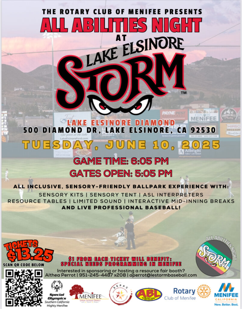 All Abilities Night flyer for Lake Elsinore Storm baseball game on June 10, 2025, supporting sensory-friendly programming in Menifee.