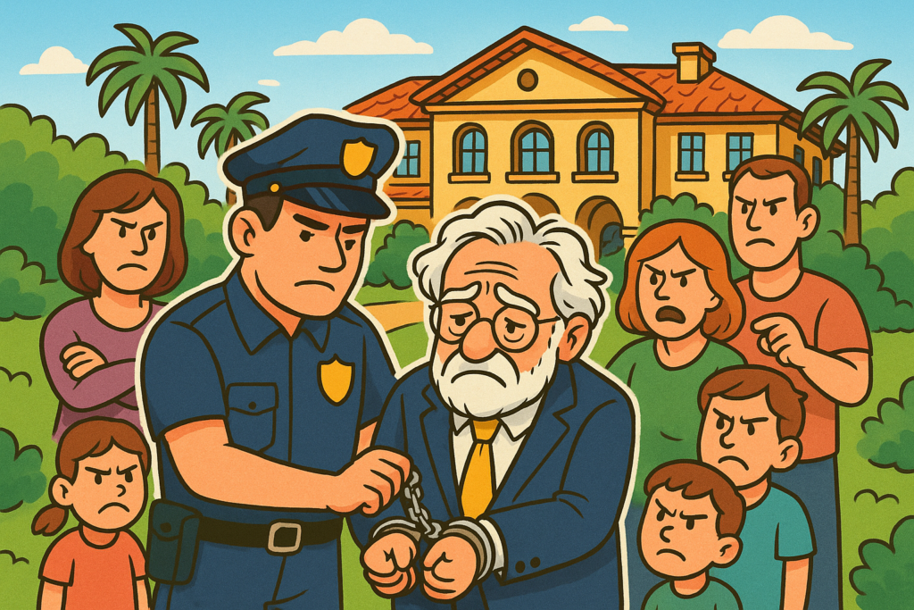 Illustration of a police officer arresting an elderly man in a suit, while angry families watch—representing trustee fraud and financial abuse in estate planning.