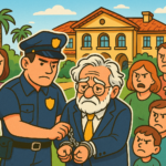 Illustration of a police officer arresting an elderly man in a suit, while angry families watch—representing trustee fraud and financial abuse in estate planning.
