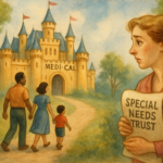 A watercolor illustration of a concerned woman holding a scroll labeled “Special Needs Trust” while a family walks toward a large castle labeled “Medi-Cal,” symbolizing California’s 2026 asset limit changes.