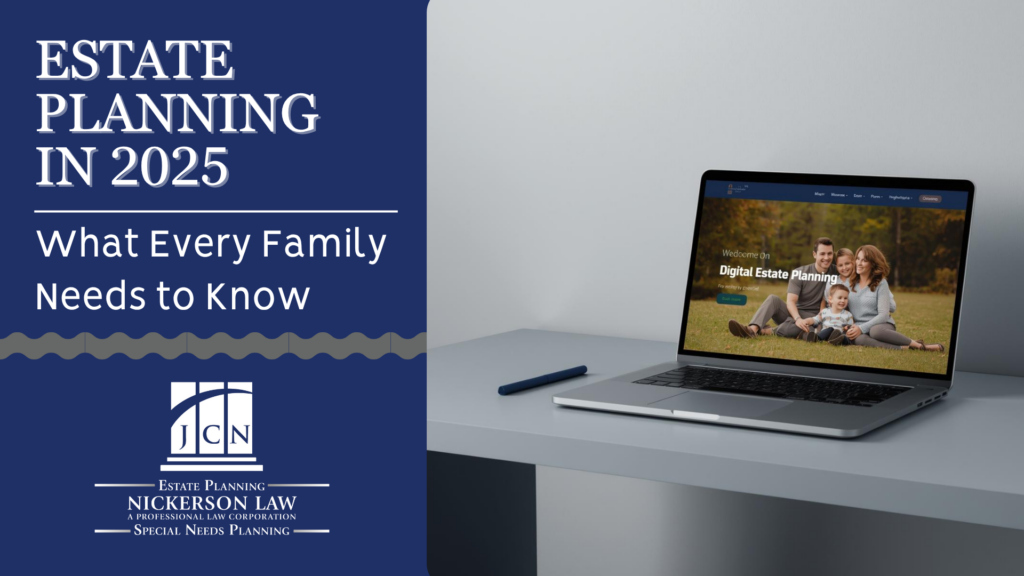 Laptop showing a family photo and digital estate planning screen, representing modern estate planning for families in 2025 – Nickerson Law.