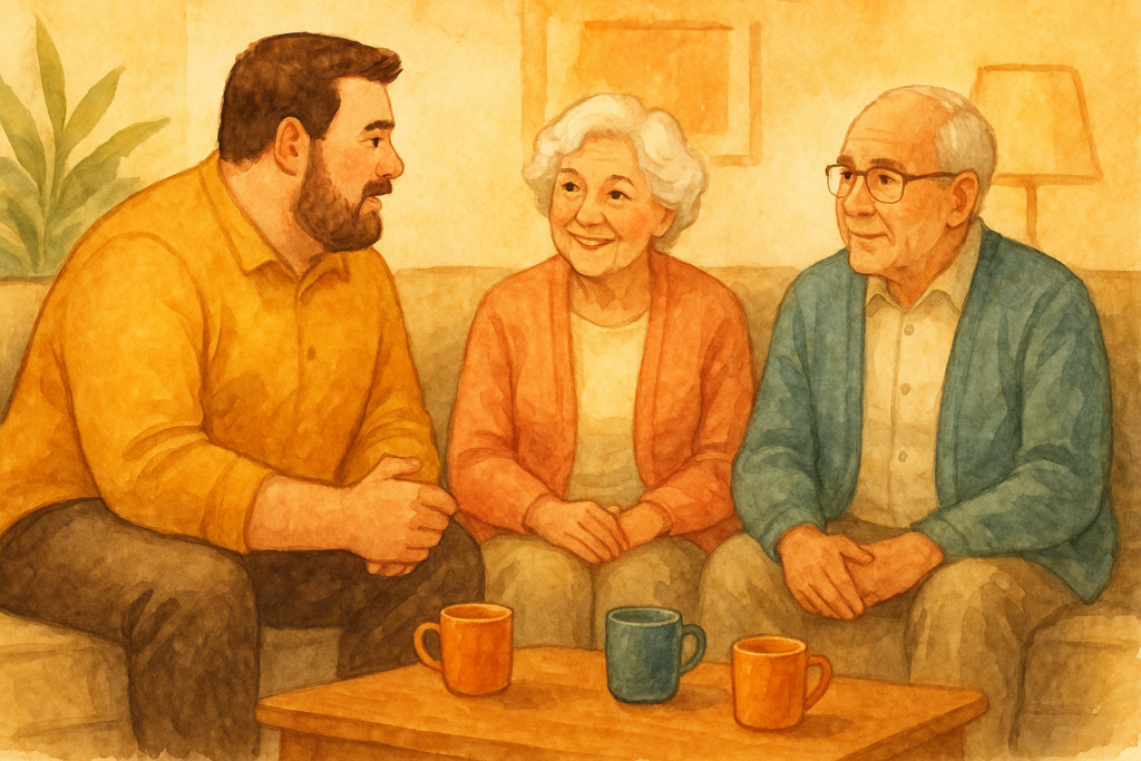 Adult son having a warm, respectful conversation with his aging parents in a cozy living room, discussing estate planning over tea.