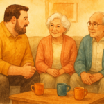 Adult son having a warm, respectful conversation with his aging parents in a cozy living room, discussing estate planning over tea.