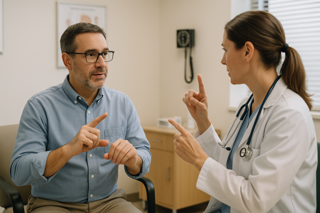 Doctor communicating with a middle-aged deaf patient using sign language in a small medical clinic, representing ADA compliance and effective healthcare communication.