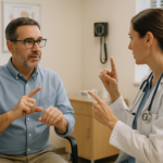 Doctor communicating with a middle-aged deaf patient using sign language in a small medical clinic, representing ADA compliance and effective healthcare communication.