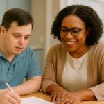 A caregiver and an adult with developmental disabilities reviewing paperwork together at a kitchen table, representing Community Family Support services.