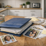 Updating estate plan documents at home with binder, paperwork, and family photos on a kitchen table
