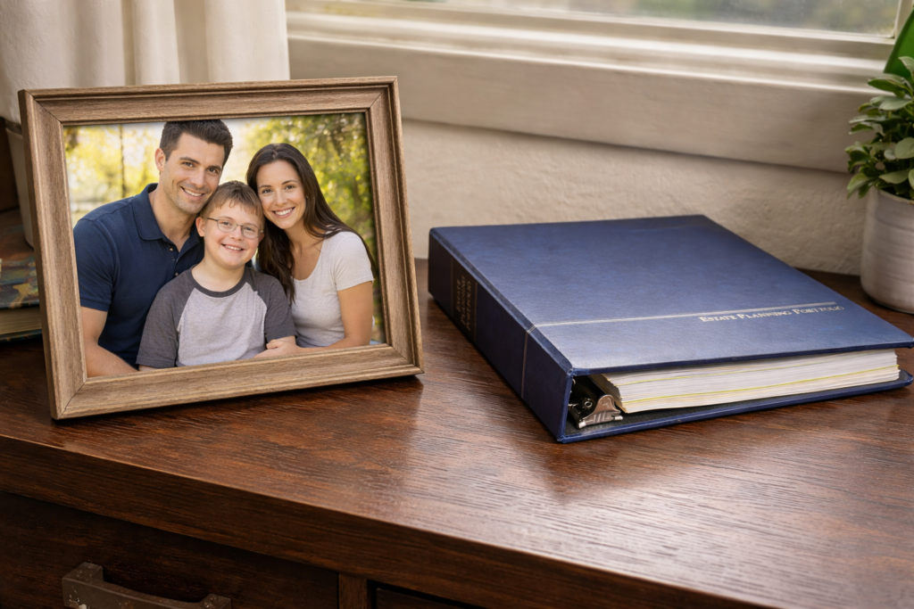 Special needs planning documents on a desk with family photo, representing future planning for a loved one