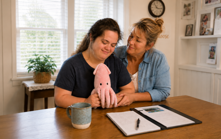 Mother and adult daughter with special needs reviewing planning documents as part of California special needs planning.